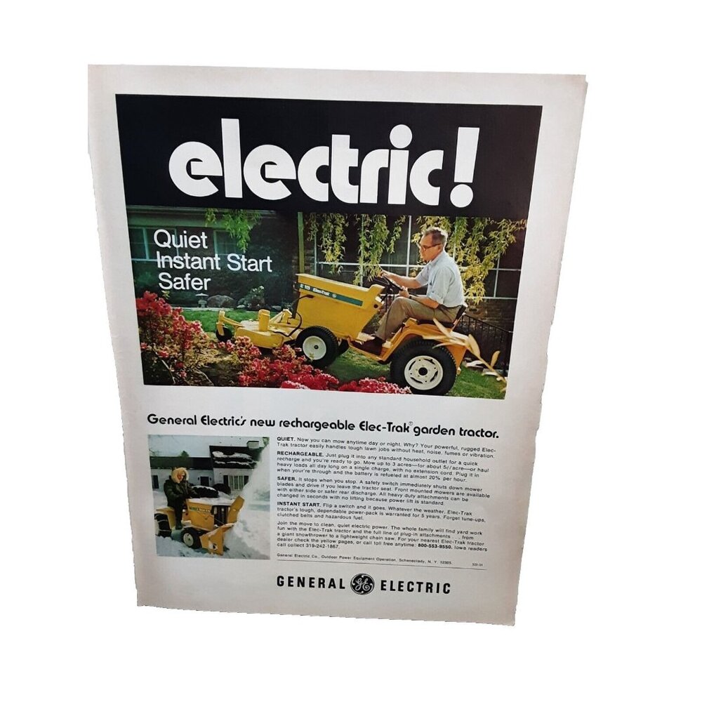 1971 General Electric Elec Trak Garden Tractor Original Print Ad 70s